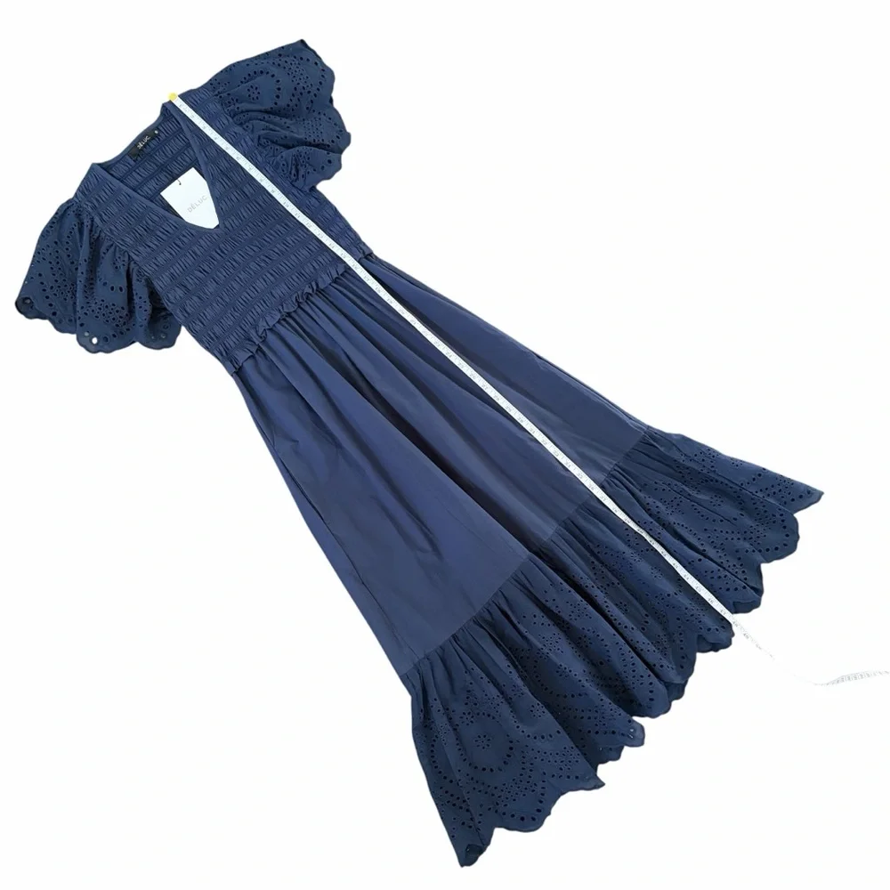 Deluc Avis Smocked Midi Dress Blue Embroidered Ruffle Pockets NWT M - Picture 13 of 14